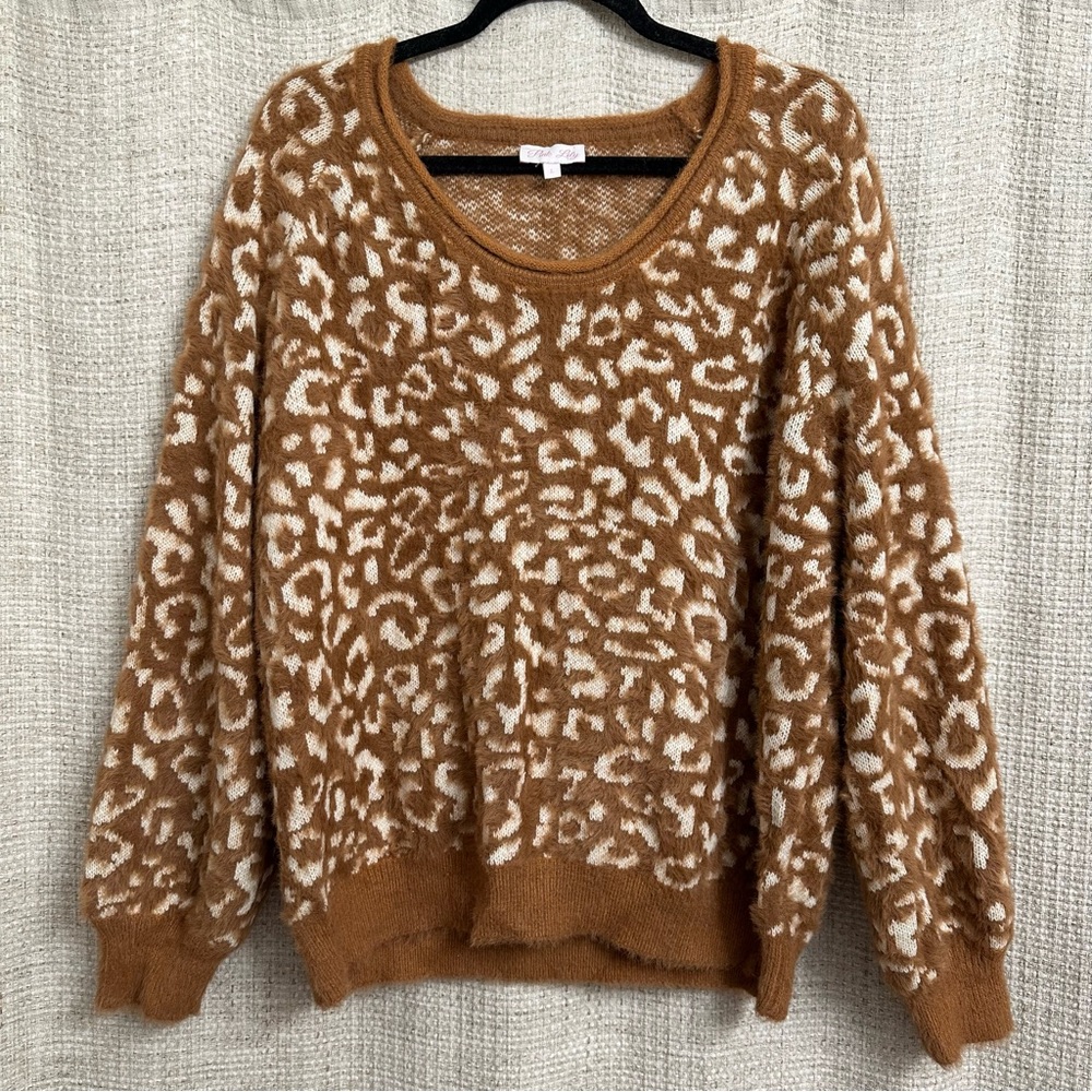 Pink Lily Oversized Fuzzy Sweater Leopard Print Camel Brown Large Neutral Boho